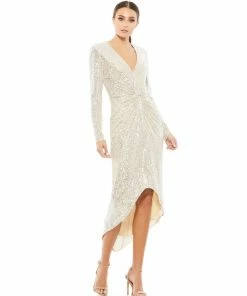 Ieena For Mac Duggal Shop For Sequin Knotted Long Sleeve Midi Dress