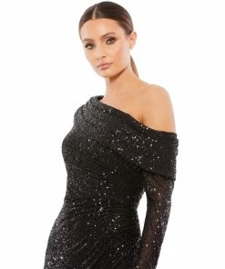 Ieena For Mac Duggal One Shoulder Sequin Long Sleeve Midi Dress Shop For