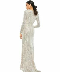 Ieena For Mac Duggal Long Sleeved Gathered Sequined Gown