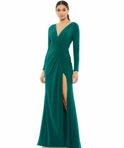 Ieena For Mac Duggal V-Neck Long Sleeve High Slit Gown