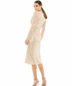 Ieena For Mac Duggal Long Sleeve Sequined Midi Dress