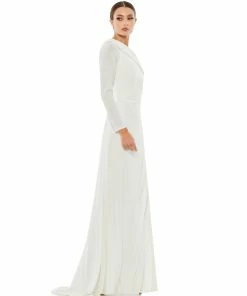 Ieena For Mac Duggal Ruched Jersey Drop Shoulder Foldover Gown