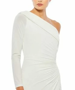 Ieena For Mac Duggal Ruched Jersey Drop Shoulder Foldover Gown