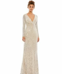 Ieena For Mac Duggal Shop For Sequined Faux Wrap Long Sleeve Column Gown