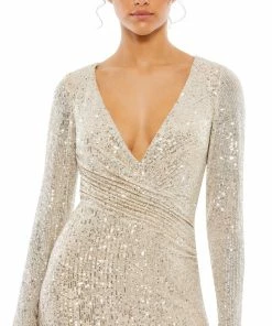 Ieena For Mac Duggal Shop For Sequined Faux Wrap Long Sleeve Column Gown
