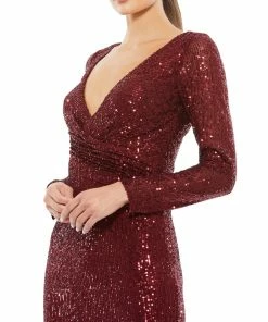 Ieena For Mac Duggal Shop For Sequined Faux Wrap Long Sleeve Column Gown