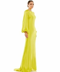 Ieena For Mac Duggal Shop For Satin Long Blouson Sleeve Evening Gown