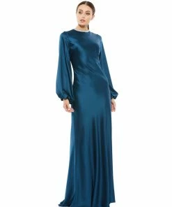 Ieena For Mac Duggal Shop For Satin Long Blouson Sleeve Evening Gown