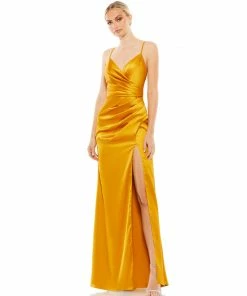 Ieena For Mac Duggal Satin Sleeveless Faux Wrap Ruched Gown Shop For