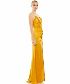 Ieena For Mac Duggal Satin Sleeveless Faux Wrap Ruched Gown Shop For