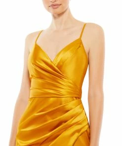 Ieena For Mac Duggal Satin Sleeveless Faux Wrap Ruched Gown Shop For