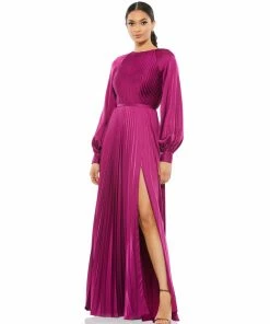 Ieena For Mac Duggal Evening Gowns Long Sleeve Pleated High Neck Gown