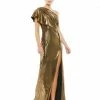 Ieena For Mac Duggal Ruffled One Shoulder Metallic Evening Gown