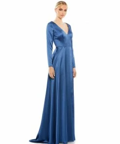 Ieena For Mac Duggal Satin V Neck Long Sleeve Pleated Gown