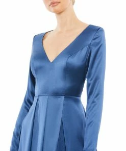 Ieena For Mac Duggal Satin V Neck Long Sleeve Pleated Gown