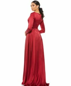 Ieena For Mac Duggal Satin V Neck Long Sleeve Pleated Gown