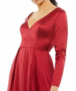 Ieena For Mac Duggal Satin V Neck Long Sleeve Pleated Gown