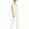 Ieena For Mac Duggal Belted Illusion High Neck Cap Sleeve Jumpsuit