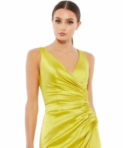 Ieena For Mac Duggal Satin Ruched V Neck Faux Wrap Midi Dress