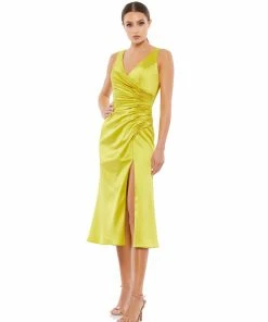 Ieena For Mac Duggal Satin Ruched V Neck Faux Wrap Midi Dress