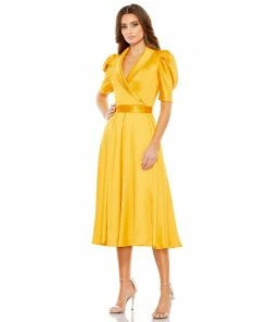 Ieena For Mac Duggal Satin Lapel Puff Sleeve Tea Length Dress Shop For