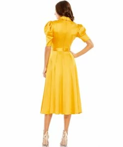 Ieena For Mac Duggal Satin Lapel Puff Sleeve Tea Length Dress Shop For