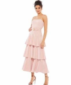 Ieena For Mac Duggal Shop For Tiered Ruffle Belted Sleeveless Midi Dress