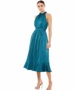 Ieena For Mac Duggal Satin Pleated Halter Neck Midi Dress 9 Ieena For Mac Duggal Satin Pleated Halter Neck Midi Dress