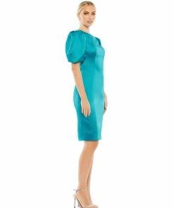 Ieena For Mac Duggal Short Dresses Satin Puff Sleeve Fitted Cocktail Dress