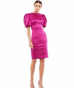 Ieena For Mac Duggal Short Dresses Satin Puff Sleeve Fitted Cocktail Dress