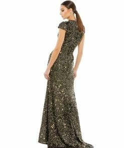 Ieena For Mac Duggal Sequined Cap Sleeve High Neck Gown