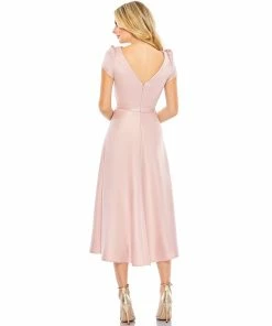 Ieena For Mac Duggal Satin Puff Shoulder Tea Length Dress