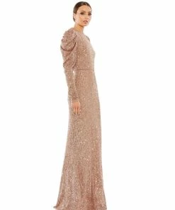 Ieena For Mac Duggal Shop For Sequined High Neck Puff Long Sleeve Column Gown