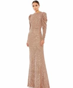 Ieena For Mac Duggal Shop For Sequined High Neck Puff Long Sleeve Column Gown