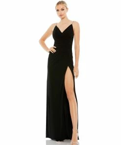 Ieena For Mac Duggal Faux Wrap V Neck Open Back Gown