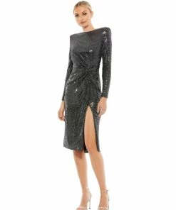 Ieena For Mac Duggal Structured Long Sleeve Side Twist Midi Dress
