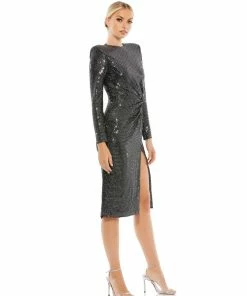 Ieena For Mac Duggal Structured Long Sleeve Side Twist Midi Dress