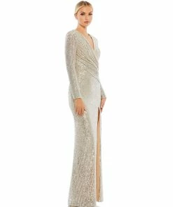 Ieena For Mac Duggal Shop For Sequined Long Sleeve Faux Wrap Ruched Gown