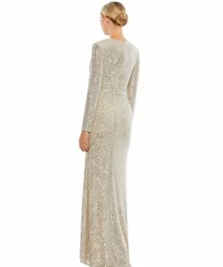 Ieena For Mac Duggal Shop For Sequined Long Sleeve Faux Wrap Ruched Gown