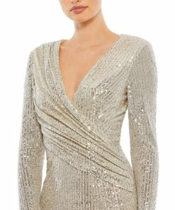Ieena For Mac Duggal Shop For Sequined Long Sleeve Faux Wrap Ruched Gown