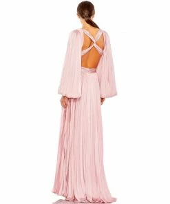 Ieena For Mac Duggal Pleated Long Sleeve Cut Out Gown