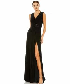 Mac Duggal Shop For Draped Side Knot Jersey Gown W/ Rhinestone Ring