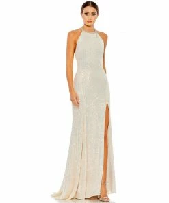 Ieena For Mac Duggal Shop For Sequined High Neck Rhinestone Trim Column Gown