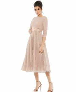 Mac Duggal Shop For Shimmering 3/4 Sleeve A-Line Midi Dress