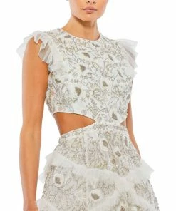 Mac Duggal Embellished Jewel Neck Tulle Ruffle Mini Dress