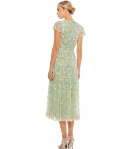 Mac Duggal Shop For Embroidered V Neck Cap Sleeve Midi Dress