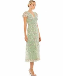 Mac Duggal Shop For Embroidered V Neck Cap Sleeve Midi Dress