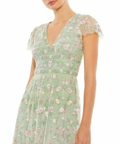 Mac Duggal Shop For Embroidered V Neck Cap Sleeve Midi Dress