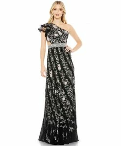 Mac Duggal Embroidered Ruffled One Shoulder Lace Up Gown Shop For