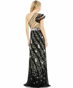 Mac Duggal Embroidered Ruffled One Shoulder Lace Up Gown Shop For